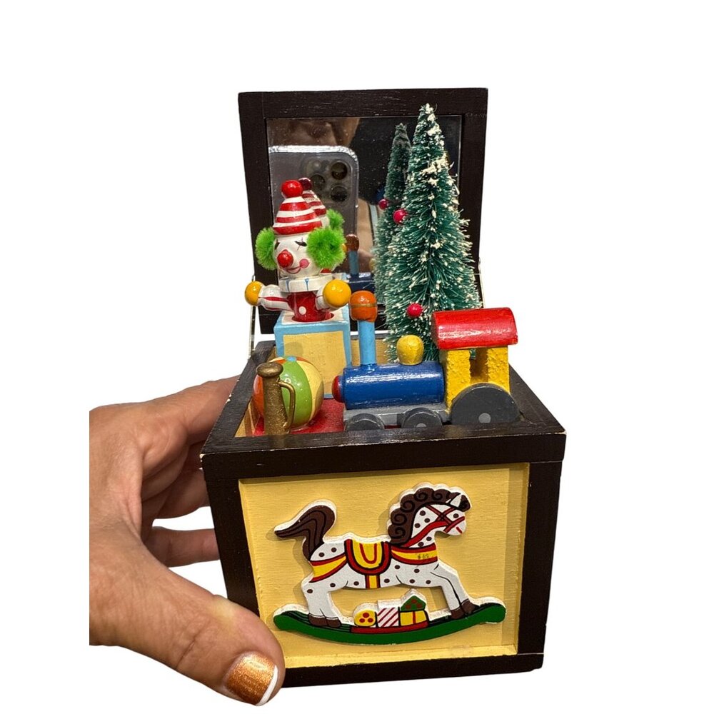 Holliday Themed Vintage Dancing Clown Wooden Music Box With Christmas Tree And T